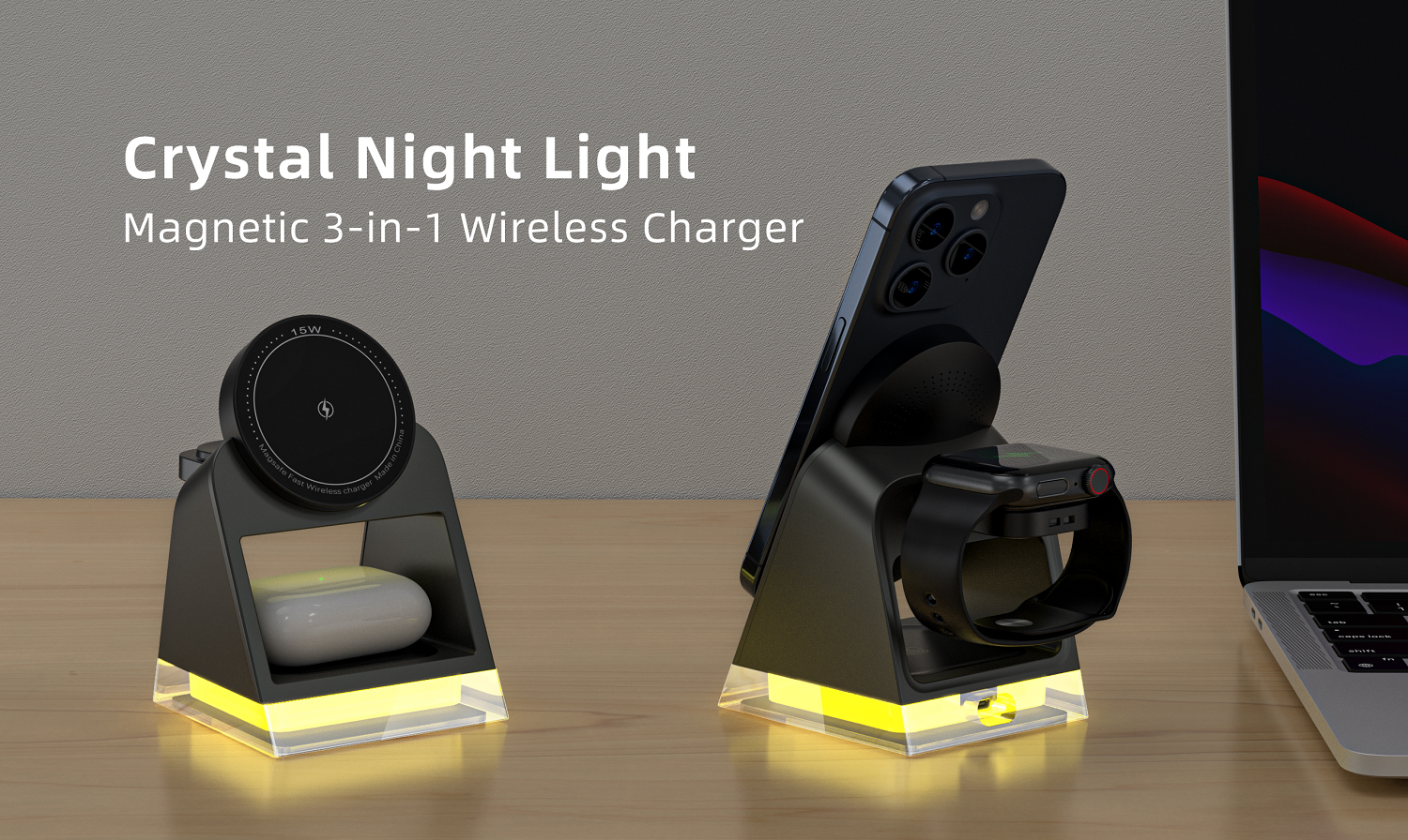 15W Magnetic Multi Device Wireless Fast Charger Station 3-in-1 for 3 Devices