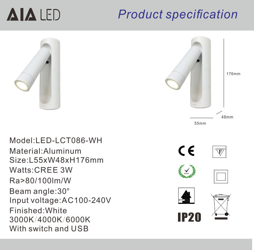 USB bed head wall light bedroom led bedside reading lamp hotel bedhead reading light by CNC