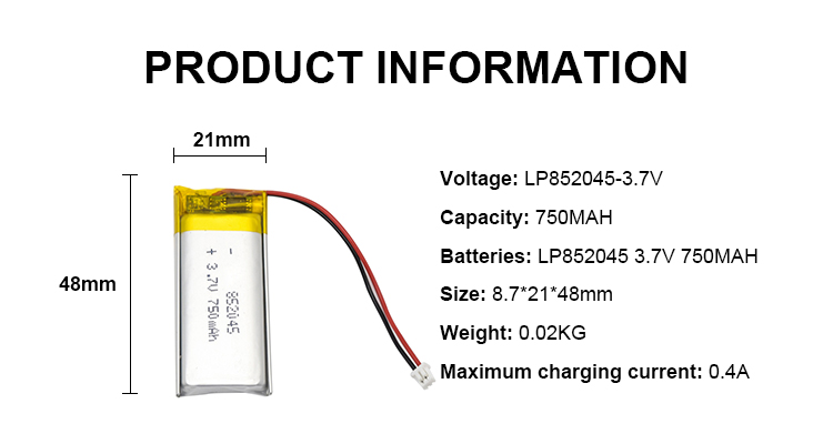 OEM / ODM Lithium Polymer Battery Pack 3.7V 750MAH LiPo Battery LP852045