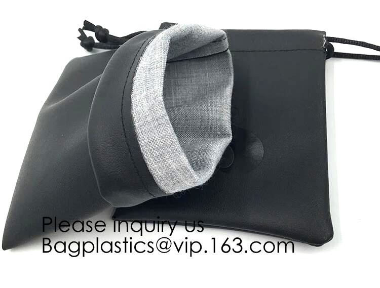 Black Color PU Leather Double Drawstring Protection Headphone Pouch Bag headphone pouchPU Leather Drawstring Promotiona