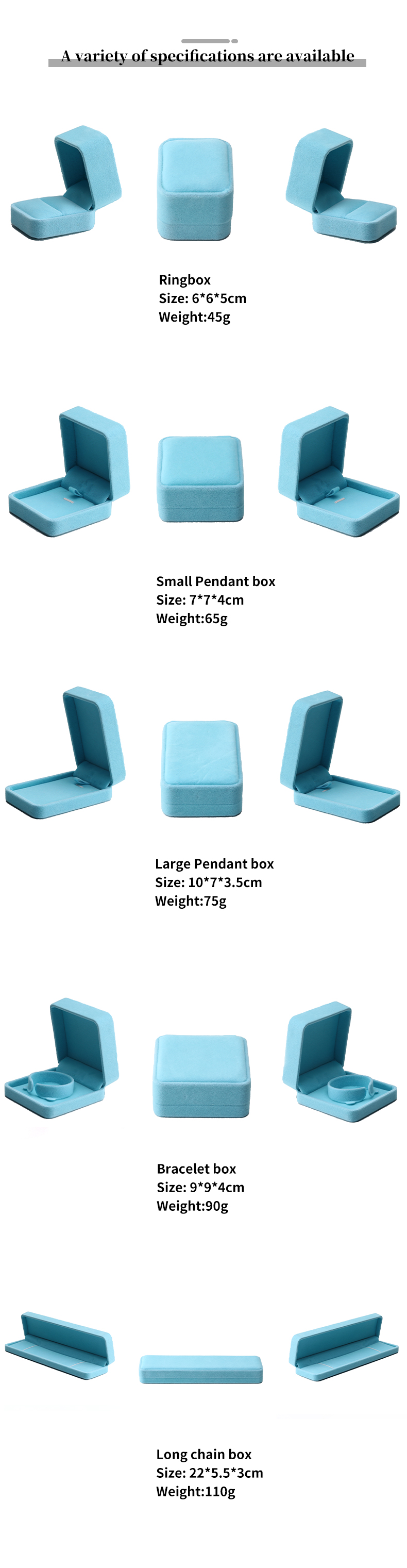 China Manufacturing wholesale high end Handmade Necklace Ring Box Jewellery Packaging Custom logo Luxury Square Suede Velvet Sky Blue Jewelry Box