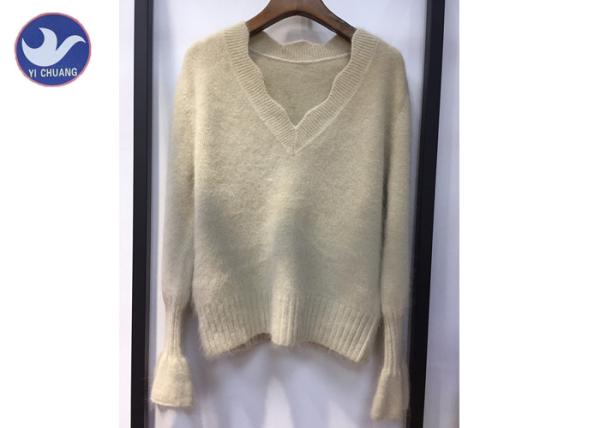 Mohair Trumpet Sleeve Cuff Womens Knit Pullover Sweater Wave V Neck Anti -