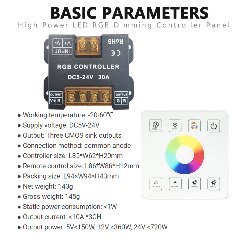 10A LED Controller Dimmer DC 12V 24V Dual Color Temperature Rf Full Touch
