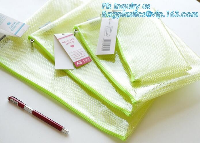 Mesh PVC Document File Bags With Zipper Closure A4 A5 A6 Size File Packing Bags, A5 B5 zipper mesh file bags, slider zip