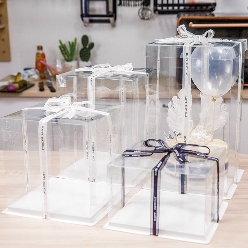 Factory Custom Eco Friendly Food Folders Box for 6 8 10 12 Inch Transparent Cake Box with Ribbon