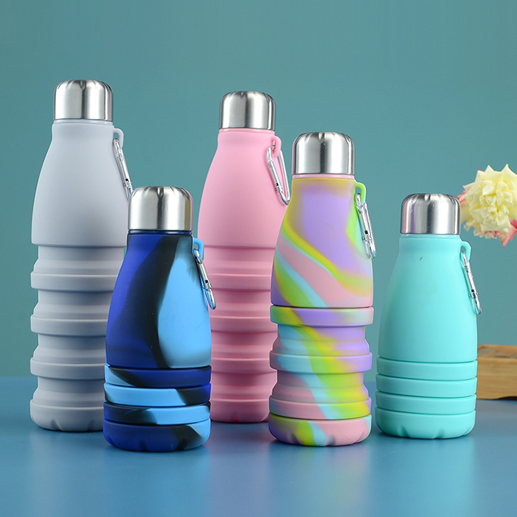 Silicone Foldable Biodegradable Reusable Water Bottles 550ml Grey Customized