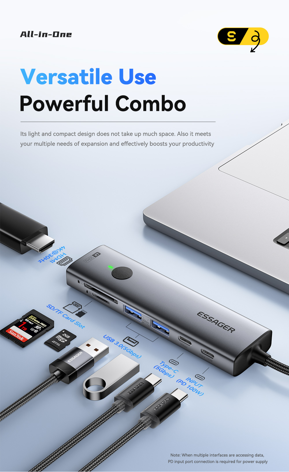 ESSAGER ES-HB03 Series 7 in 1 USB-C USB-A SD TF Port 3.0 Best USB Port Hub