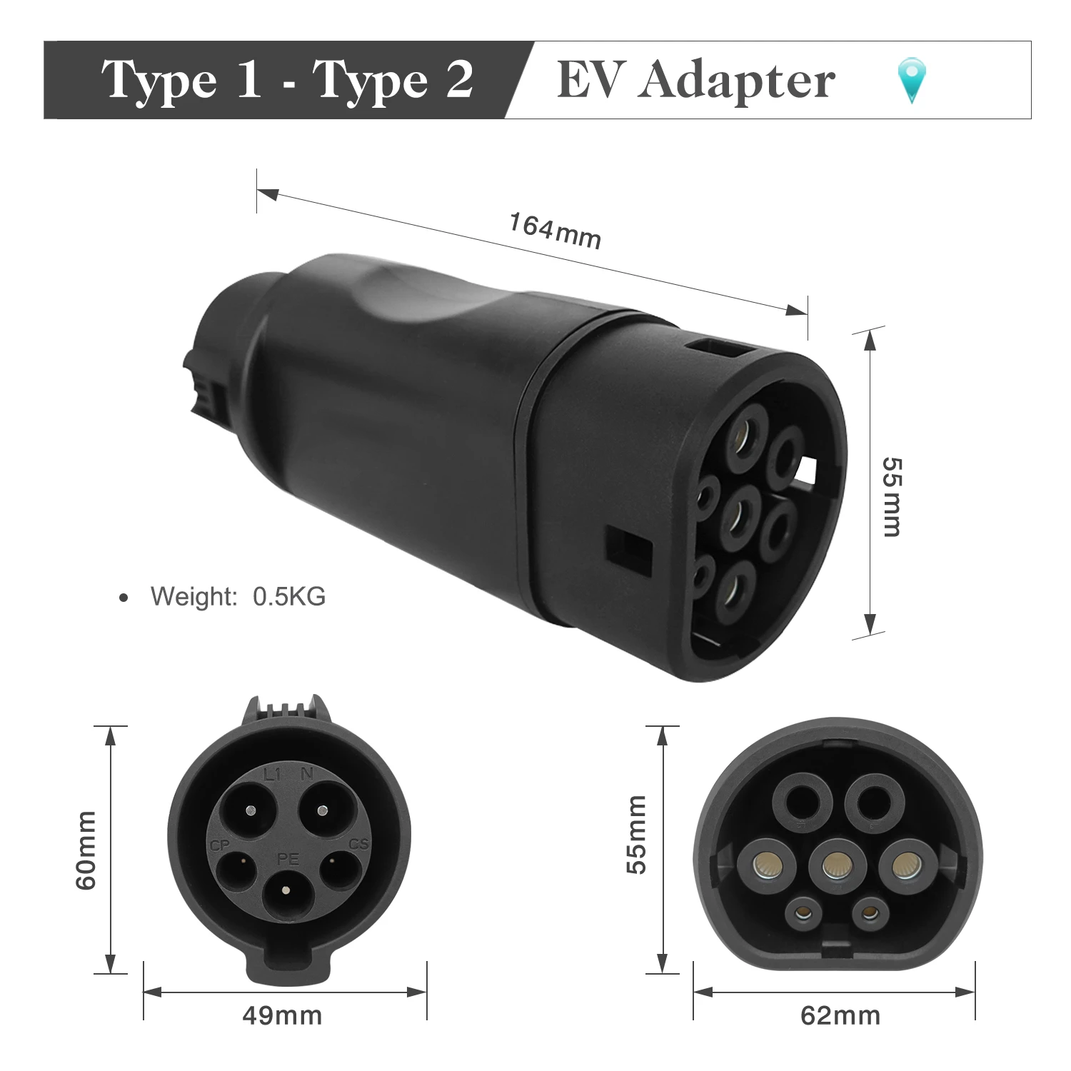 16A 32A Electric Vehicle Charging Adapter J1772 To IEC62196 EV Type 1 To Type 2 Adaptor