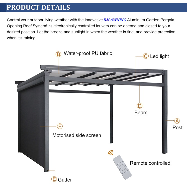 Aluminum PVC Pergola Canopy Roof Pergola Hotels Modern Front Door Waterproof Retractable Awning