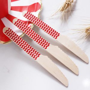 China Red Stripe Cutlery Disposable Biodegradable Wooden Tableware Utensils on sale