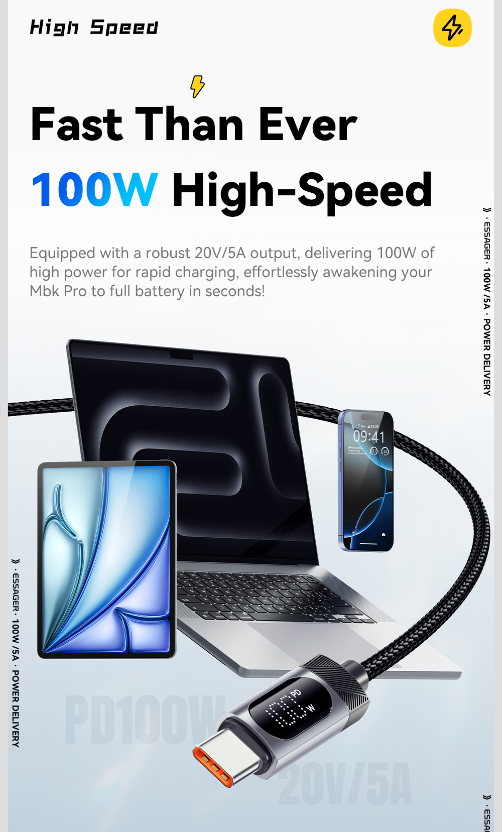 ESSAGER ES-X64 Series 60W 100W LED Display USB Type C Charging Cable