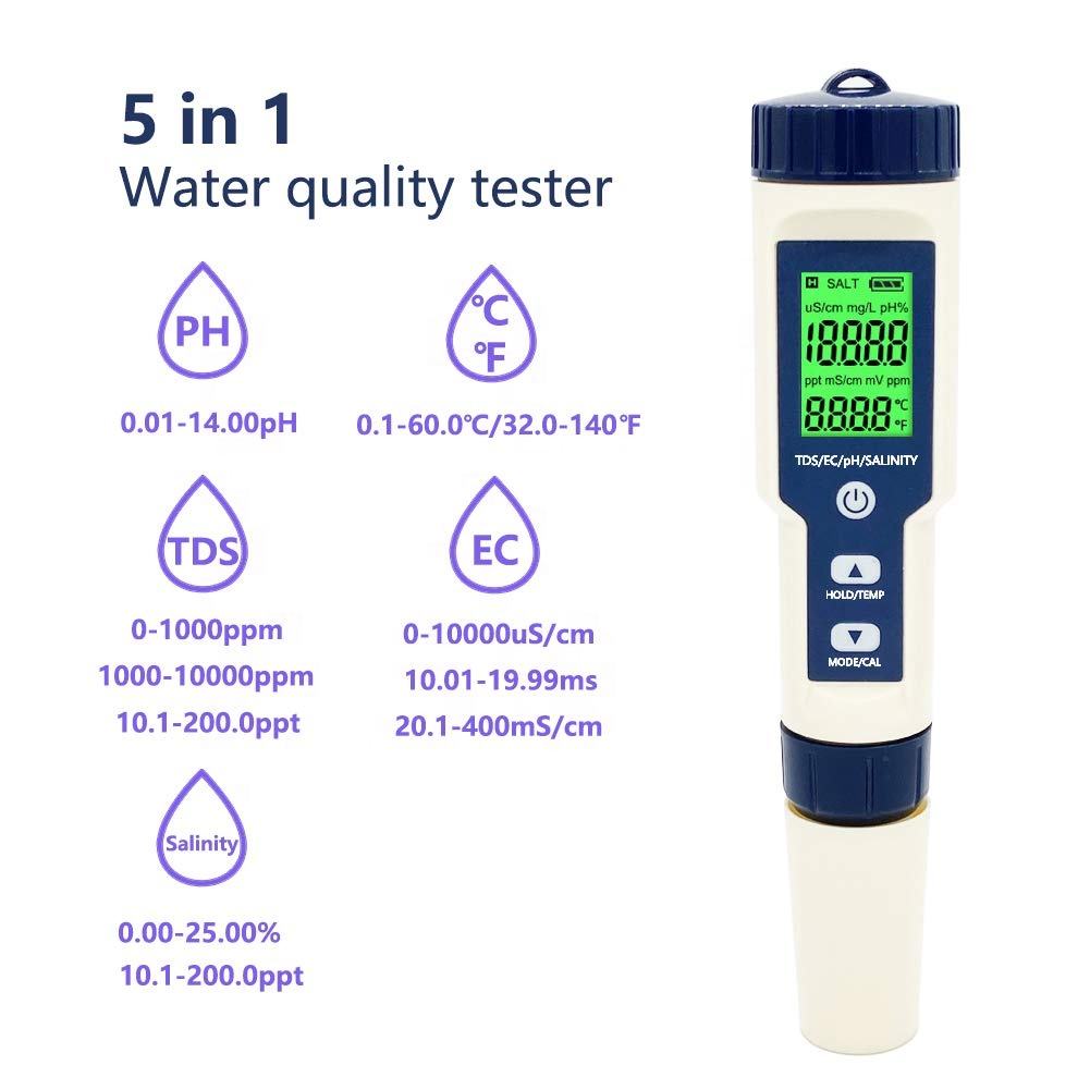 5 in 1 PH/Salinity/Temp/TDS/EC Testing Meter TP16 Water Digital Tester Ideal Detector