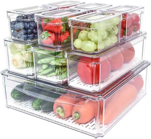 Fridge Organizer, Stackable Refrigerator Organizer Bins With Lids, BPA-Free
