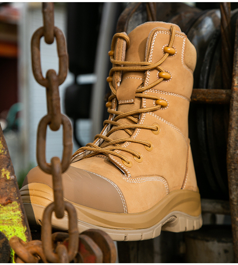 Wheat Cowhide Rubber Sole Glass Fiber Toe Security Guard Work Boots Anti Smashing Kevlar Anti-Proof Work Shoes