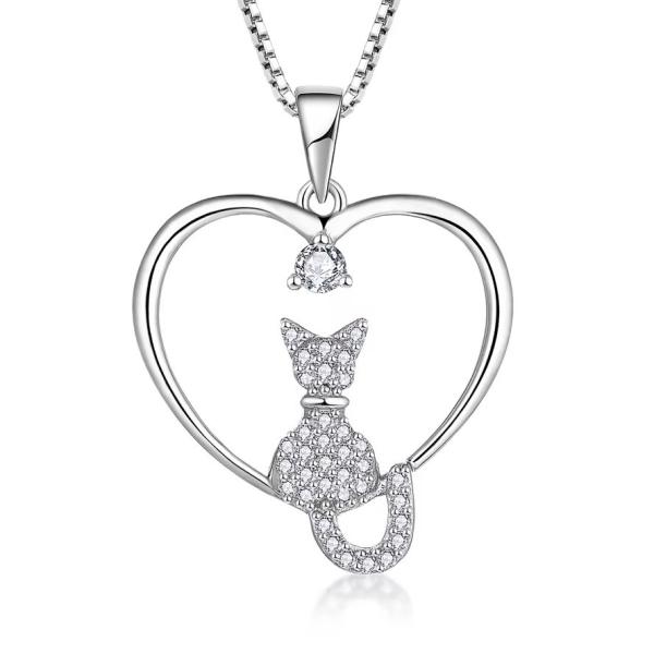 YASVITTI Heart Cat Necklace 925 Sterling Silver Cubic Zirconia Platinum Plated
