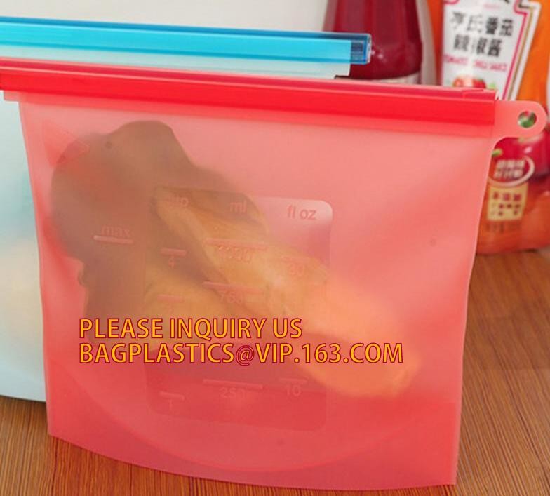 Storage preservation reusable silicone food bag,FDA reusable silicone storage food bag with Zip lockk in microwave bagease