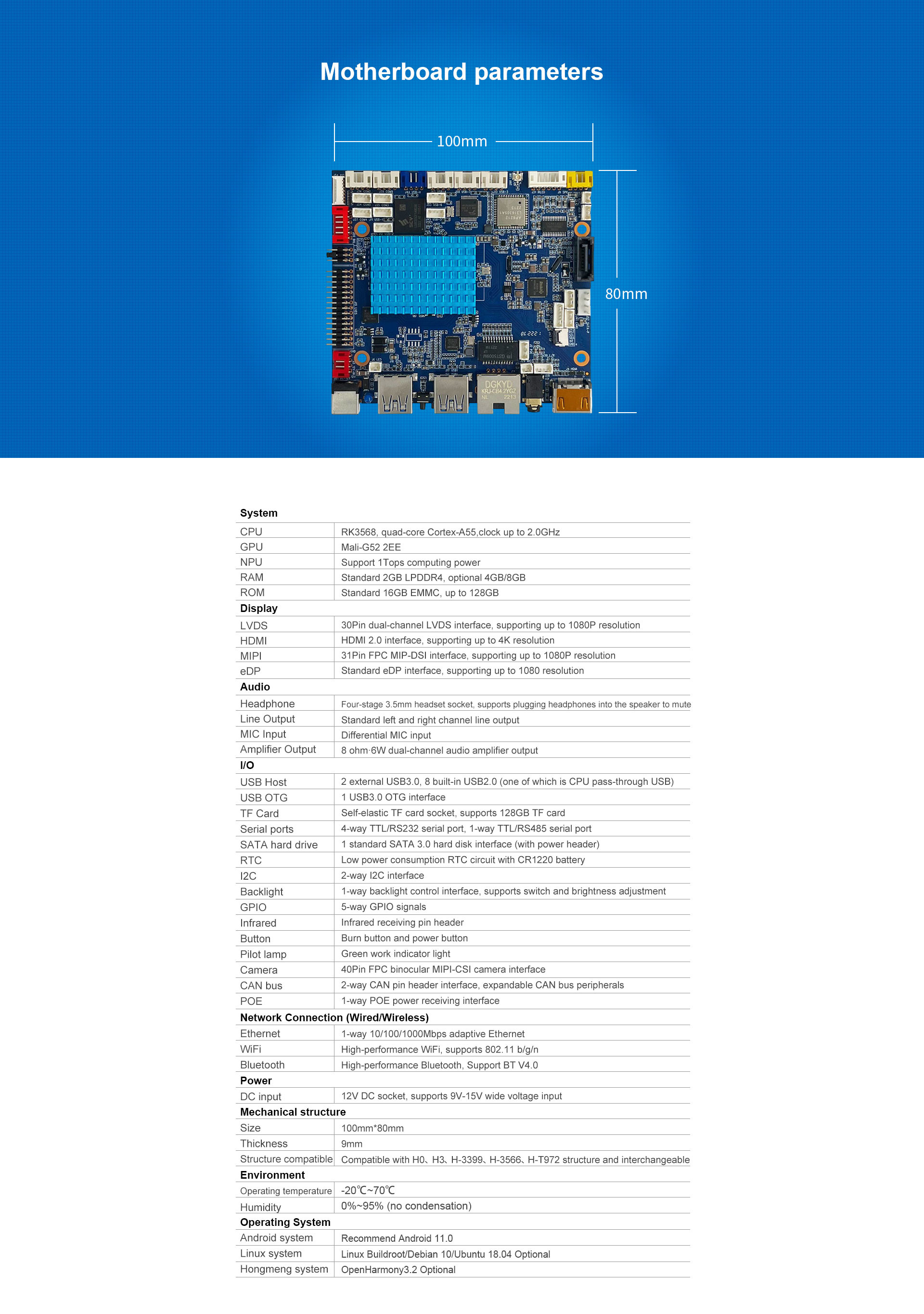 H-3568 Smart HMI Motherboard Mali-G52 2EE Support 1Tops computing power
