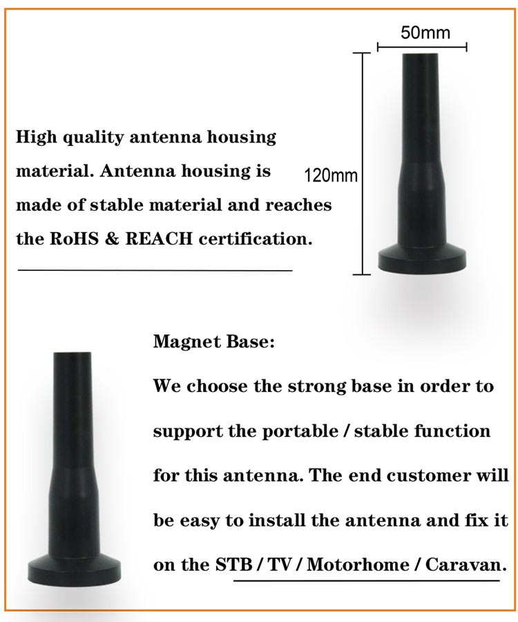 Magnetic Base 3.5-4.5dBi Internal Amplified TV Antenna 50*120mm