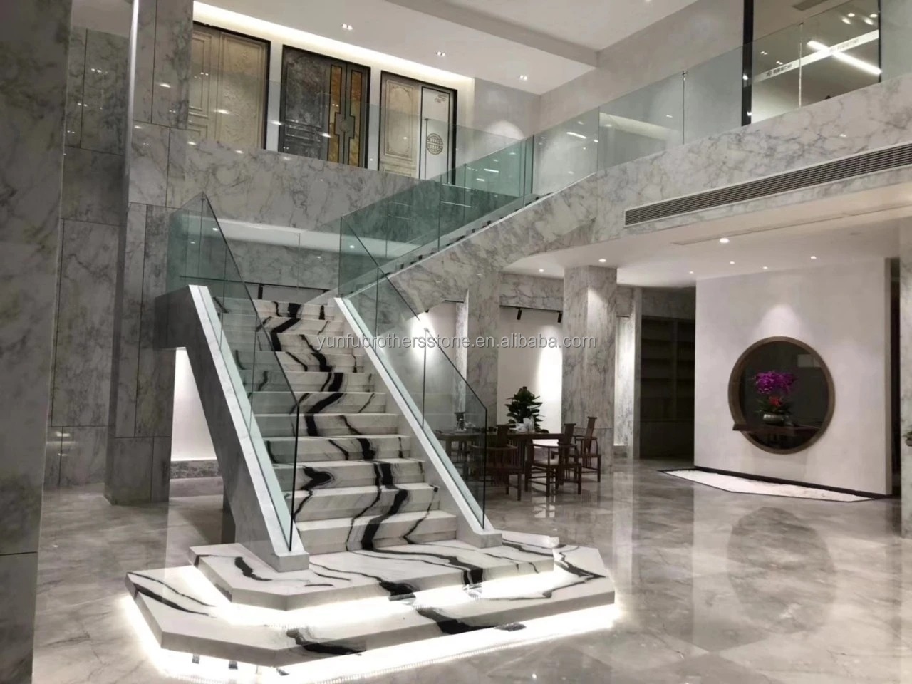 Indoor Honed Finish Natural Stone Spiral Staircase with LED Light and Anti-Slip Design
