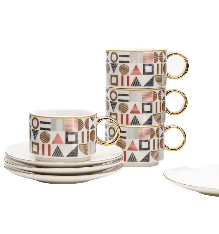 Ceramic Sauce Dish Tea Cup Pottery Ceramic Stacking Coffee Cups And Saucers With Gold Handle