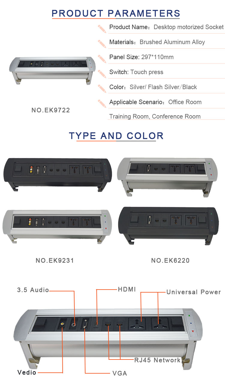 Multimedia hidden desk power and data outlets for conference room motorized flip socket