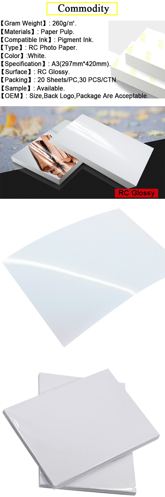 Inkjet RC Printing Resin Coated A3 Glossy Paper