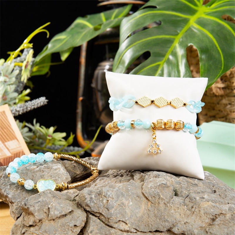 Blue Plactic Chain Gold Metal Beads Handmade Bracelet For Women Party