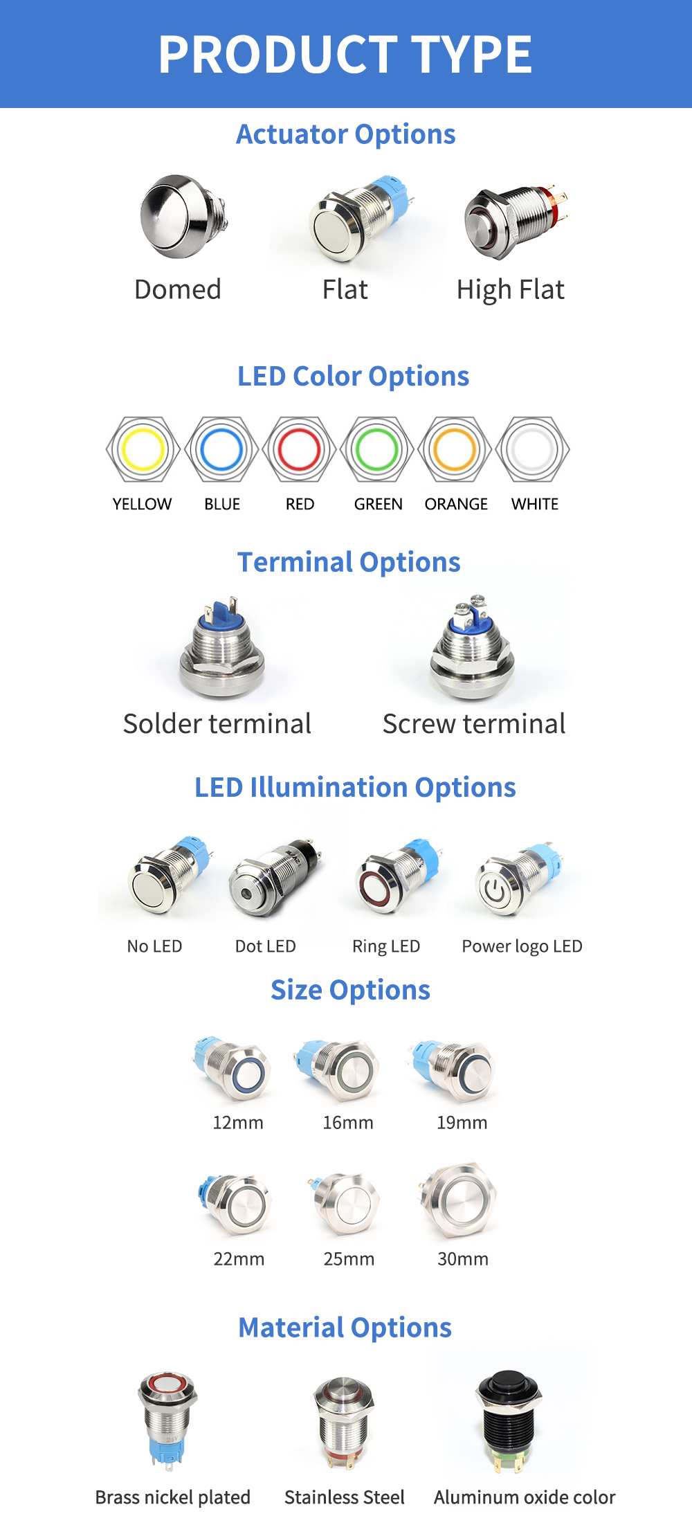 19mm 22mm Metal Push Button Switch 12mm 16mm Illuminated Momentary Switch