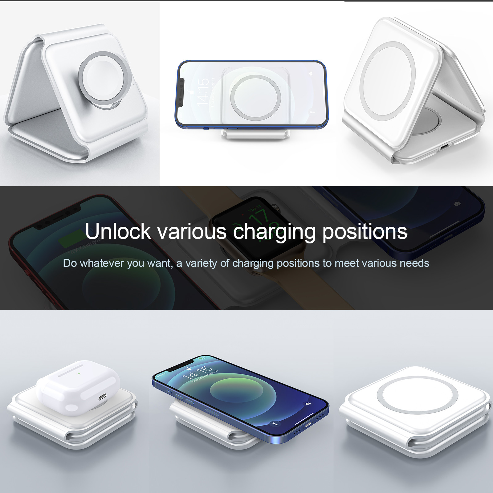 15W Qi Compatible Portable 3 In 1 Wireless Charging Pad With Over Voltage Protection - Black/White