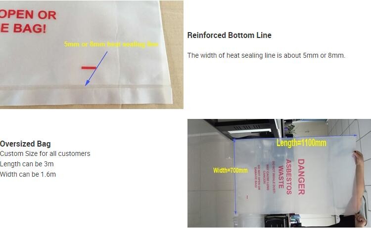 PE packing bag for Asbestos fibers, large size thicker LDPE asbestos remove bags, Large Asbestos Waste Removal Bags, pac