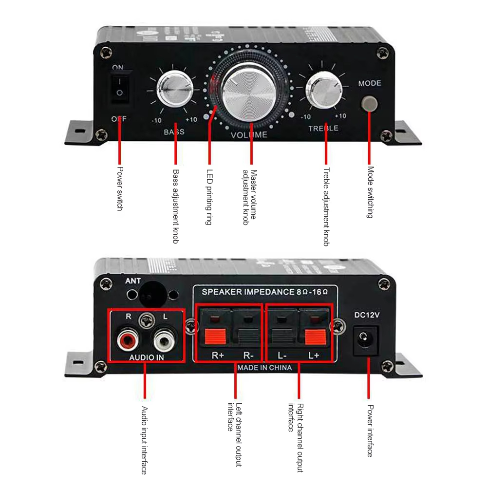 AK-270 12V Small Power Bluetooth Audio Amplifier 2.0 Channel Output HIFI Mini Power Amplifier for Home Theater Sound System