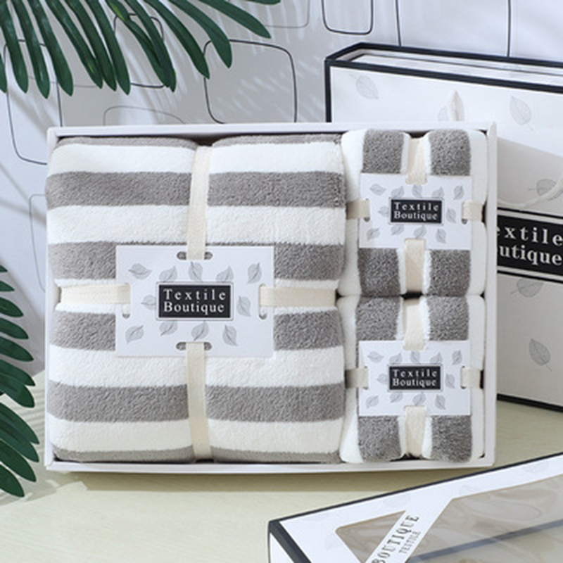 Broad Stripe Coral Velvet Hand Face Towel Set 35*75cm 70*140cm Microfiber Absorbent Towel Set