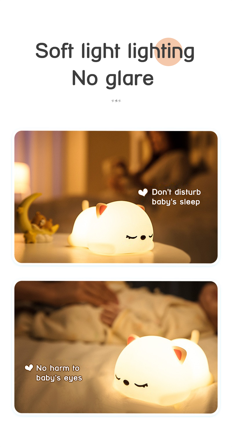 LED Cute Cat Lamp Nursery Kids Bedroom Decor Gift Color Changing Silicone Touch Kitty Night Light