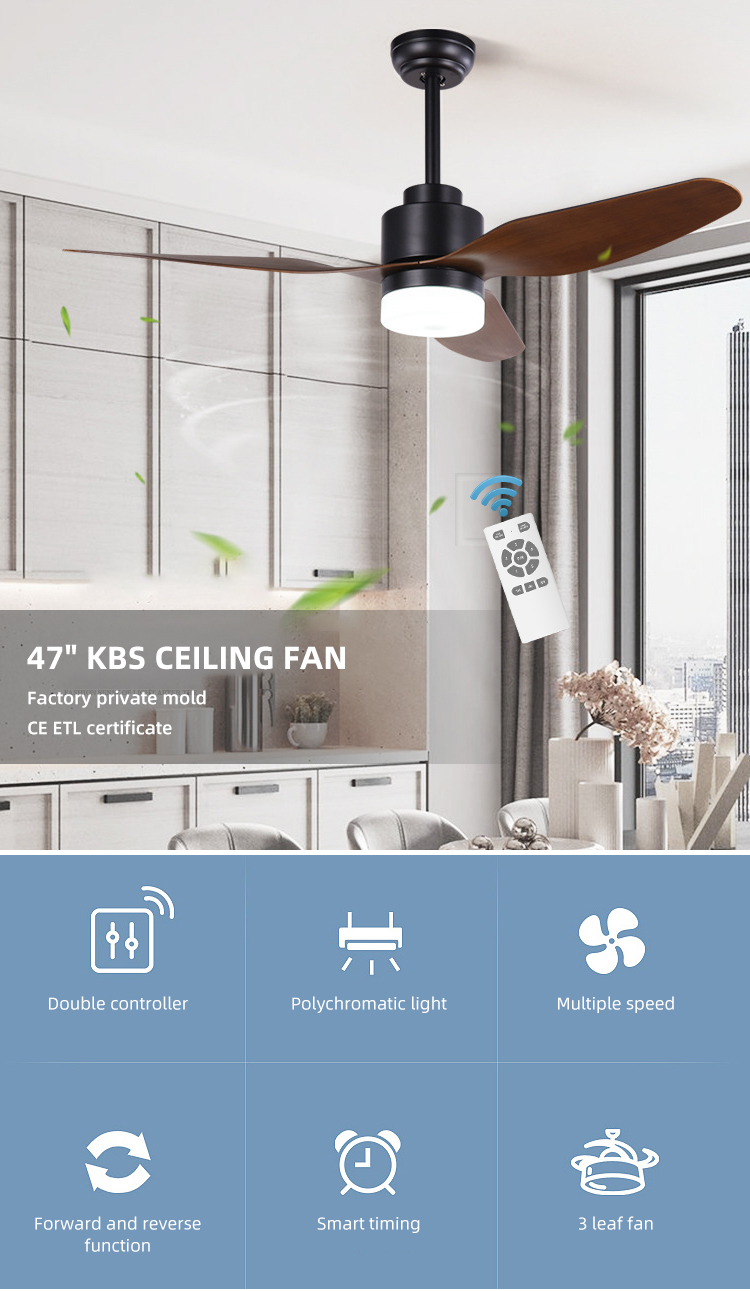 Residential Modern 65W 1500LM 3 ABS Blade Ceiling Fan 47 Inch