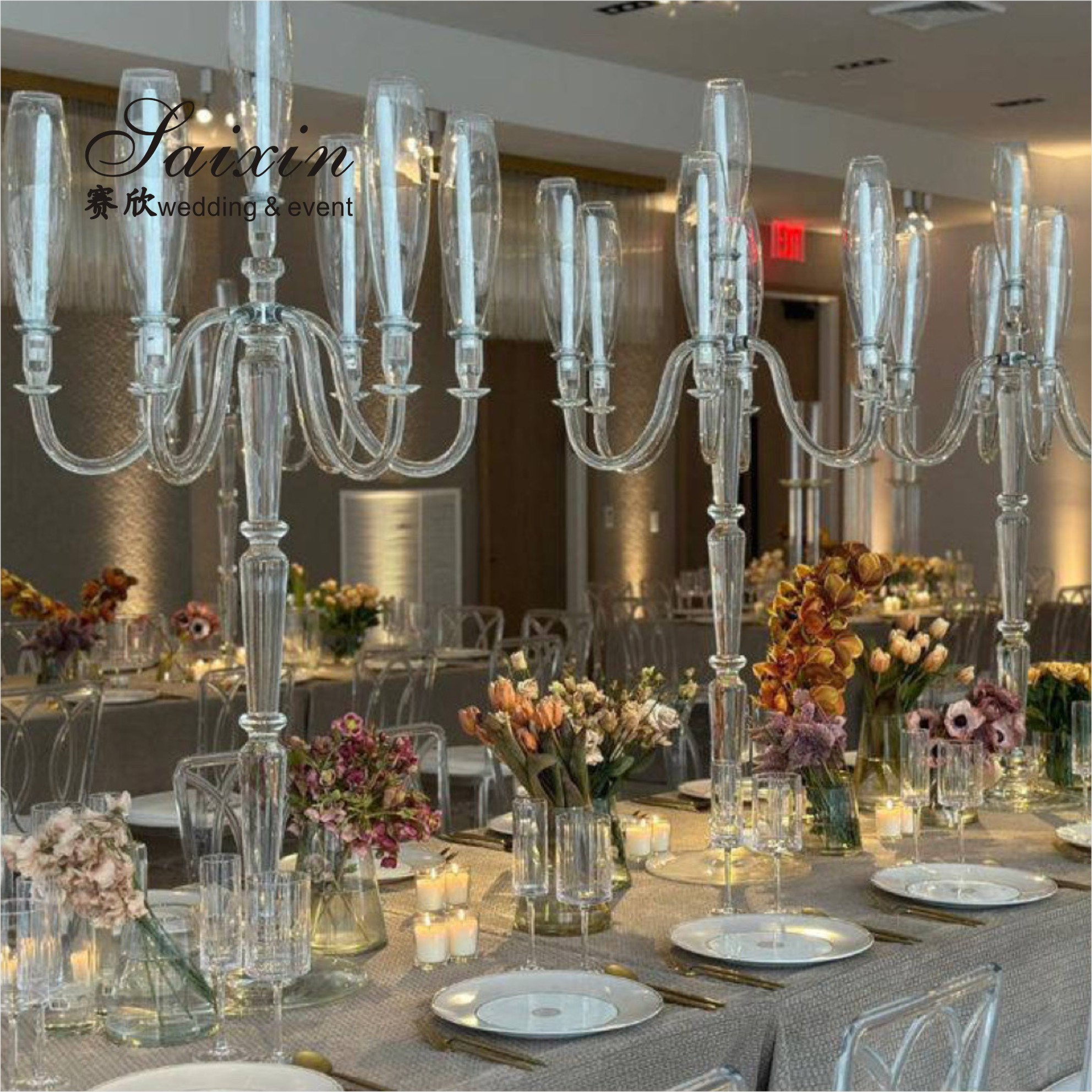 ZT-596 Saixin new wedding centerpiece large rectangle gold metal flower stands with hanging crystal