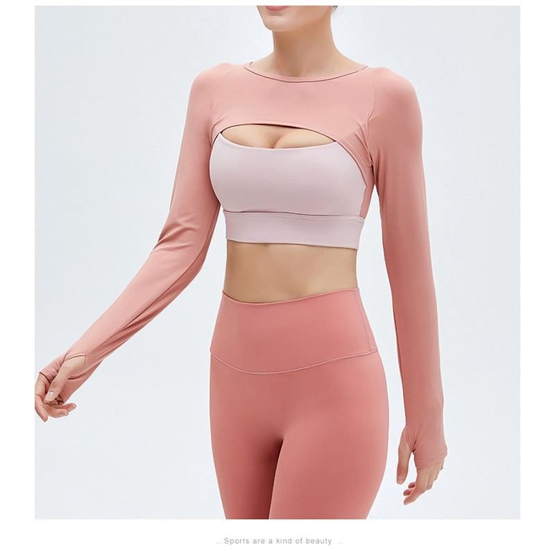 Two Piece Ladies Yoga Tops Long Sleeve Hollow Out Running Crop Top With Bra