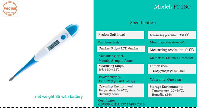 Flexible Clinical Digital Thermometer EN12470-3 With 3 Digit LCD Display
