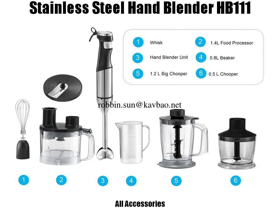 HB111 Stainless Steel Stick Blender With Chooper and Processing Bowl