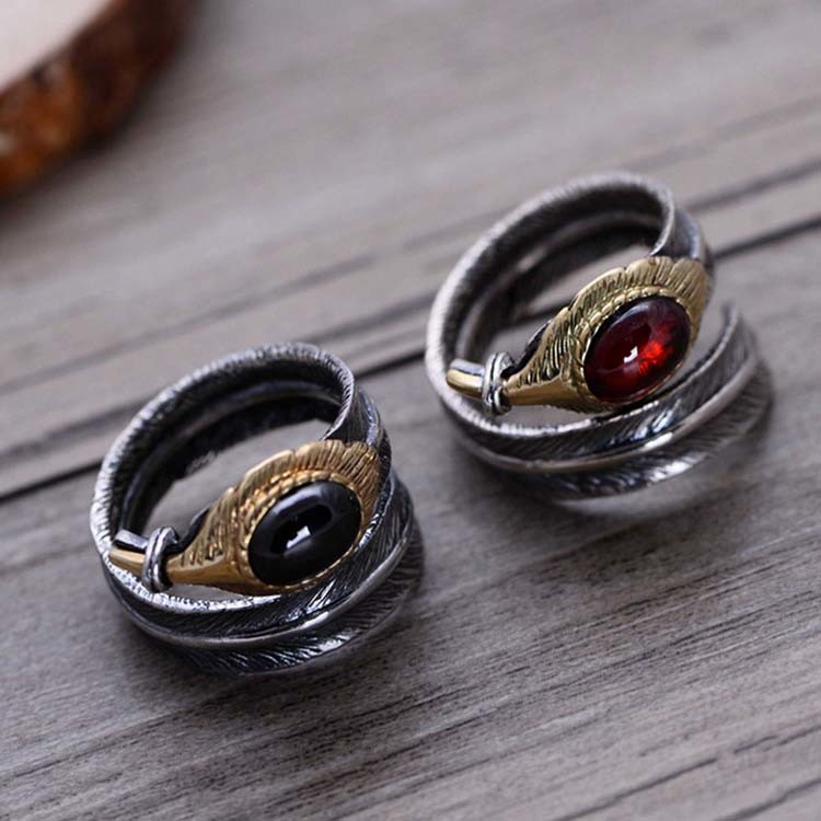 Red Agate Oxidized Feather 925 Sterling Silver Adjustable Ring (052639RED)