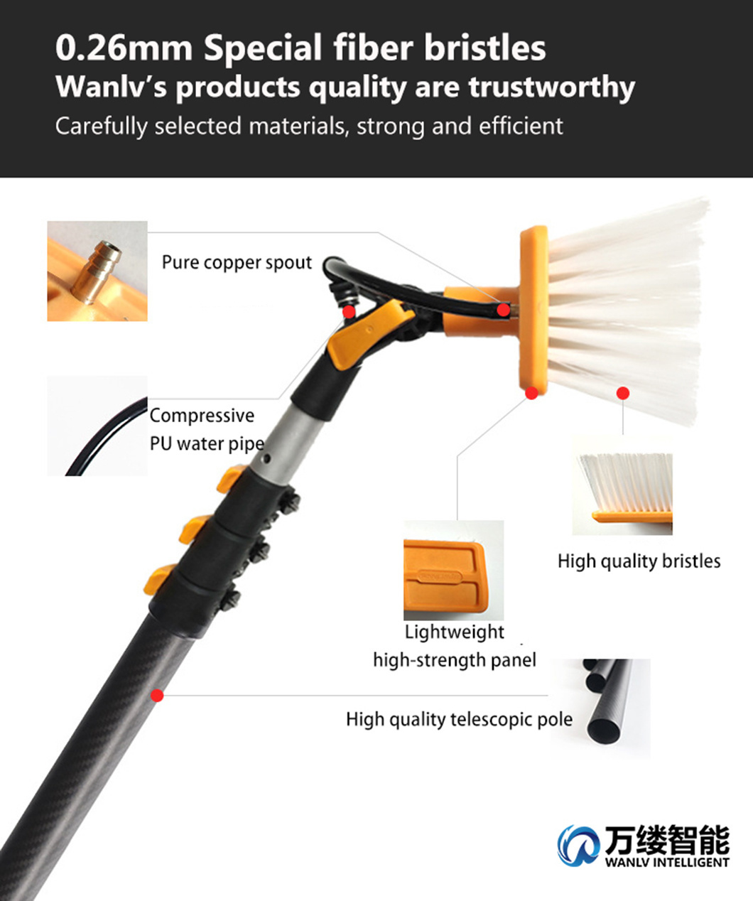 Cold Wash or Dry Cleaning Solar Panel Outdoor Manual Water Spray Brush with 11.4 Meter Carbon Fiber Telescopic Handle Connect to Faucet