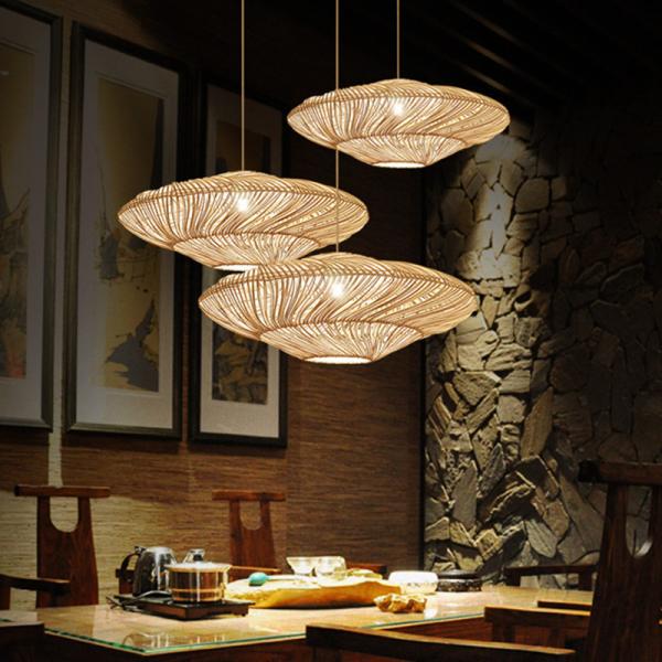 UFO Shades Rattan Lamp Creative Chinese Style Pendant Lights Wooden Suspension