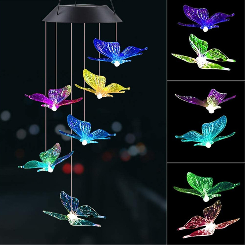 Color Changing Solar Power Wind Chime Hummingbird Butterfly Waterproof Outdoor Christmas Decoration Light for Patio Yard Garden