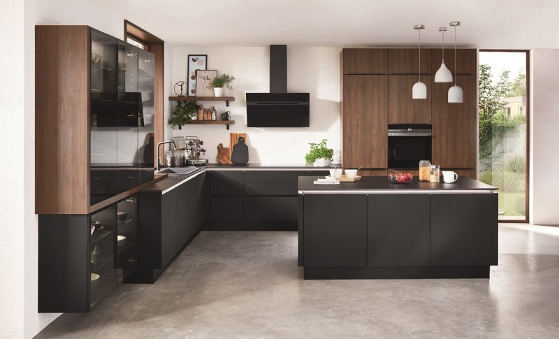 E1 Particleboard Carcass Black Lacquer Kitchen Furniture with Quartz Stone Countertop