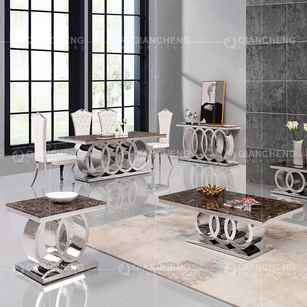 180x90x76cm 8 Seater Marble Dining Table Stainless Steel gold color