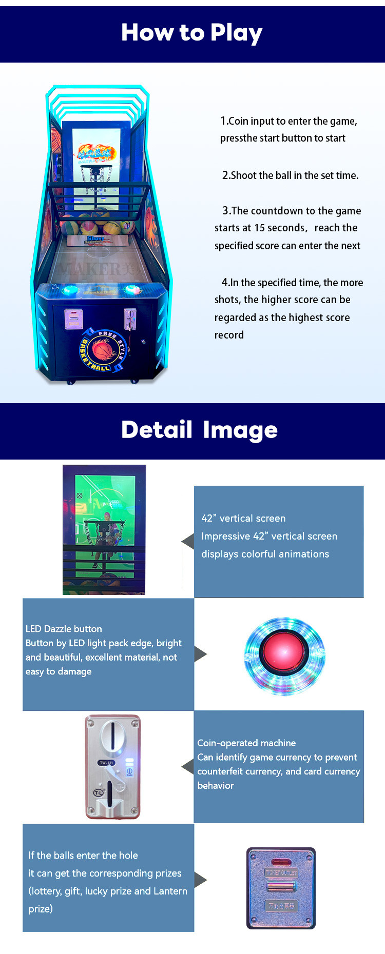 42'' Arcade Game Street Basketball Shooting Machine Coin Operated For Playing