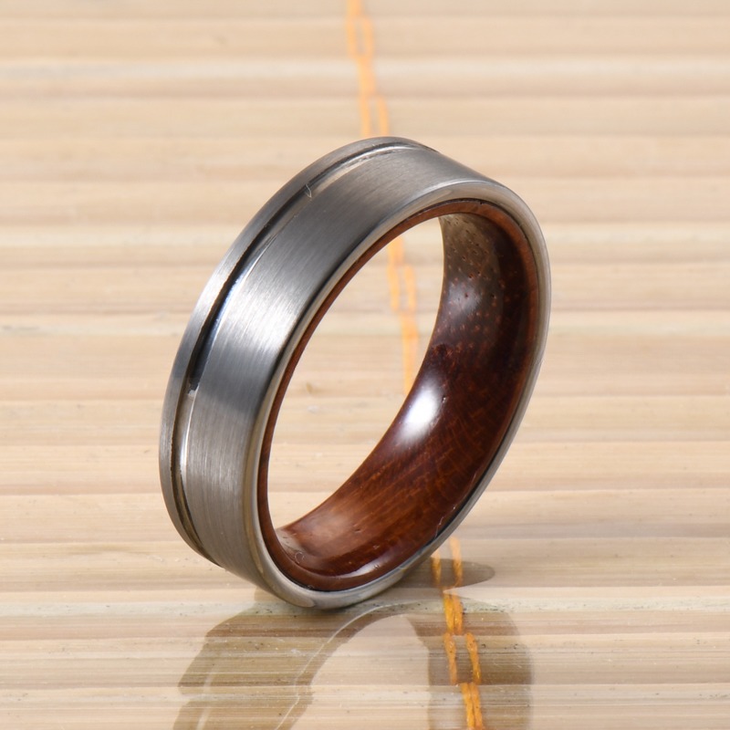 Geometric Pattern Tungsten Wedding Band for Men and Women 6mm Rose Wood Inner Ring in Beveled or Offest Grooved Styles