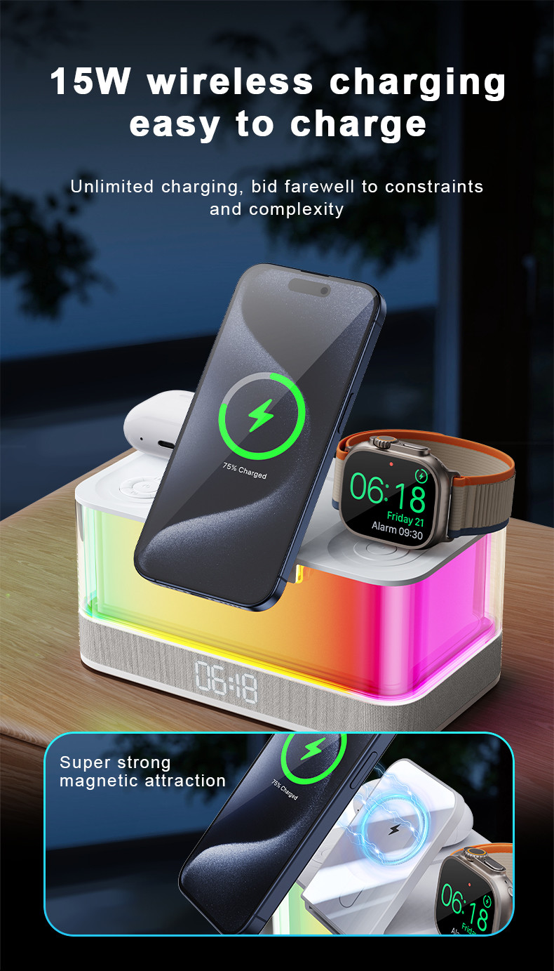Qi-enabled Wireless Charger and Bluetooth Speaker with Colorful Lights Compatibility Qi-enabled Devices
