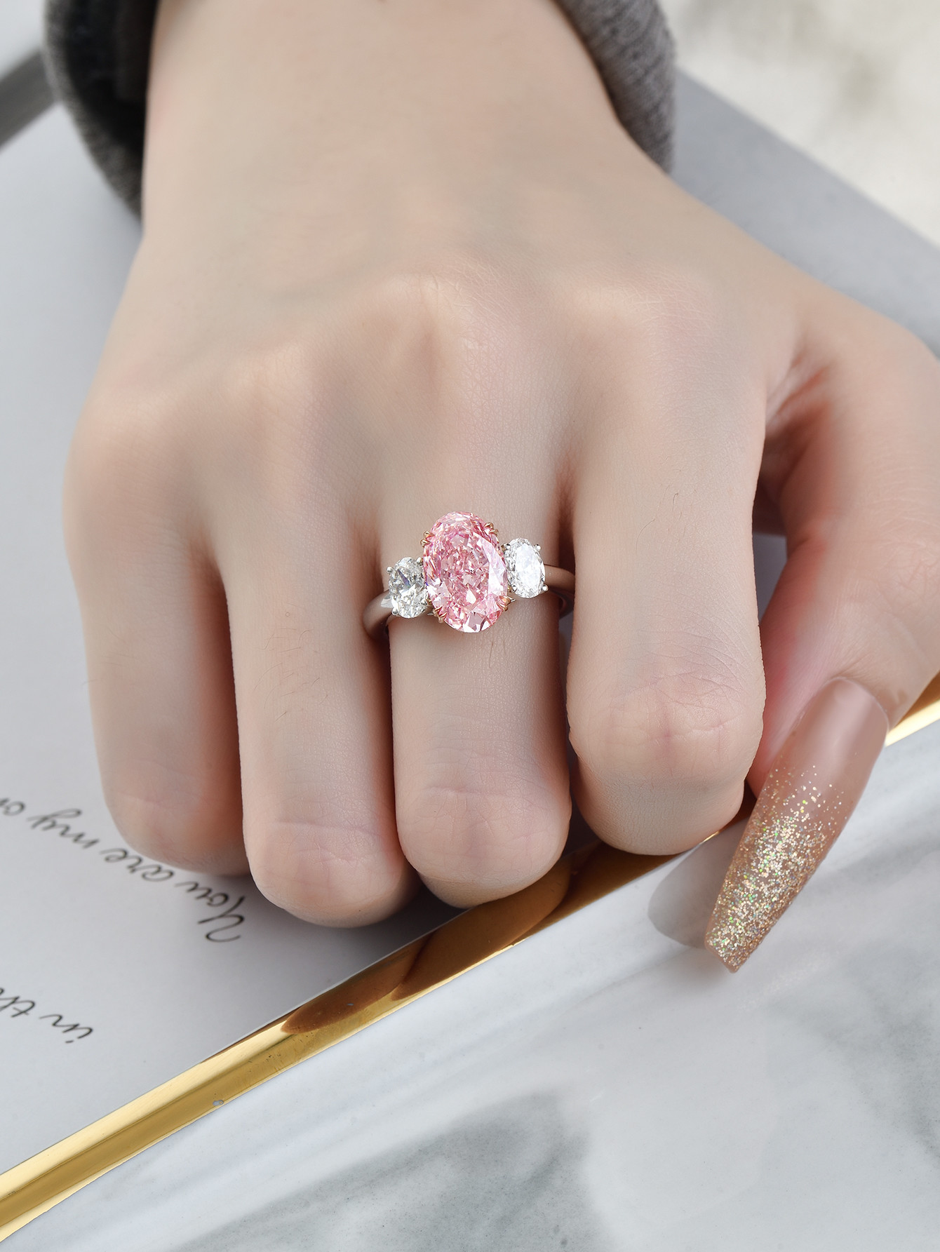 Lab Created Pink CVD Diamond Ring Three Stones Oval Shape 18k White Gold