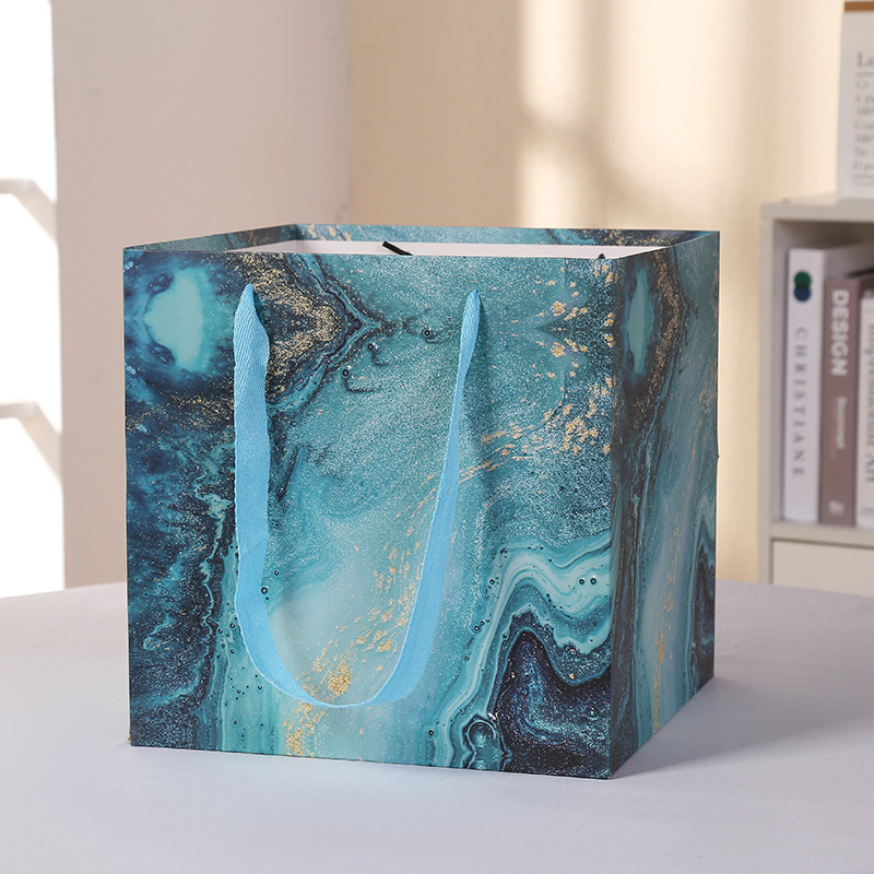 Custom Color Accepted White Card Square Bag with Marble Gift Bag and Flower Window