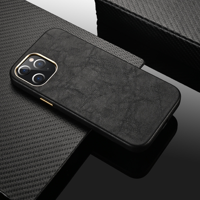 Sheep Grain Genuine Leather Phone Cover for iPhone 14 Pro Max 2022 Design Full Wrapped